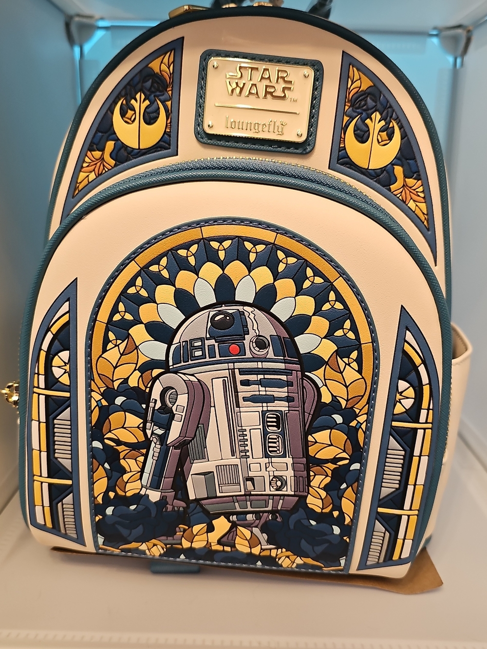 Loungefly Star Wars R2-D2 Stained Glass Portrait Mini Backpack in Blue & Cream